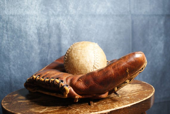 Vintage 1940's Leather Wilson Baseball Glove with Ball