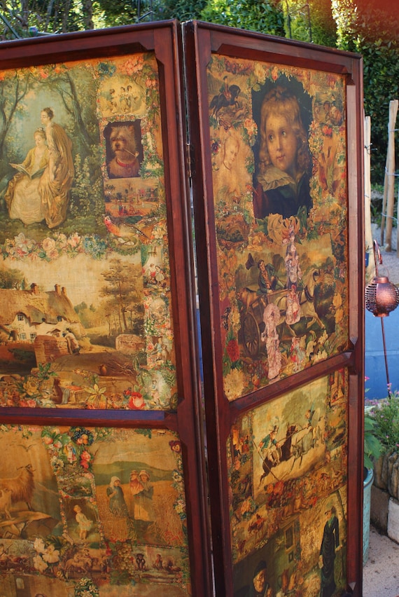 Late 19th Century Victorian Decoupage Four Panel Screen