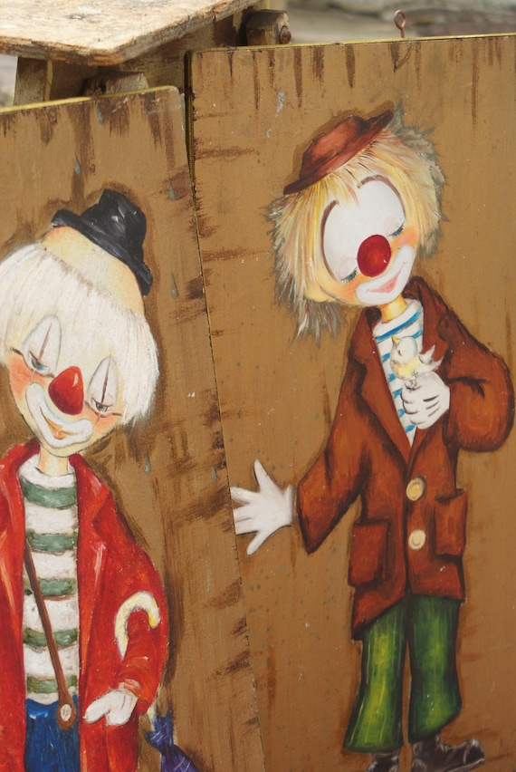 A Pair Of Mid Century Hand Painted Clowns On Board
