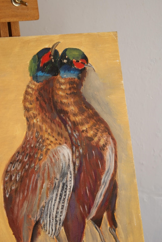 Naive Painting of Pheasants on Board