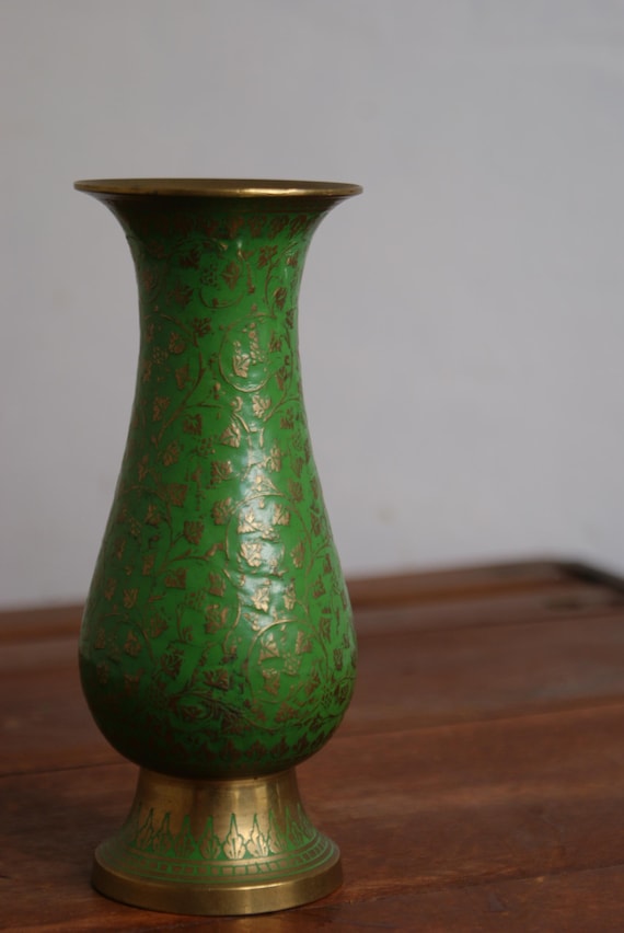 Mid Century Indian Brass and Enamel Vase