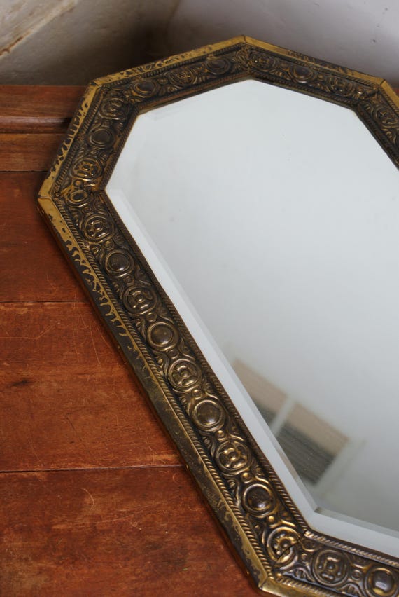 Arts and Crafts Bevelled Glass and Hand Beaten Brass Mirror