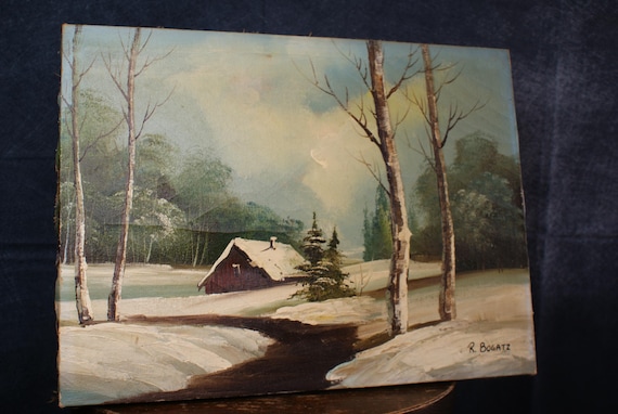 Unframed Naive Woodland Cabin Oil Painting on Canvas