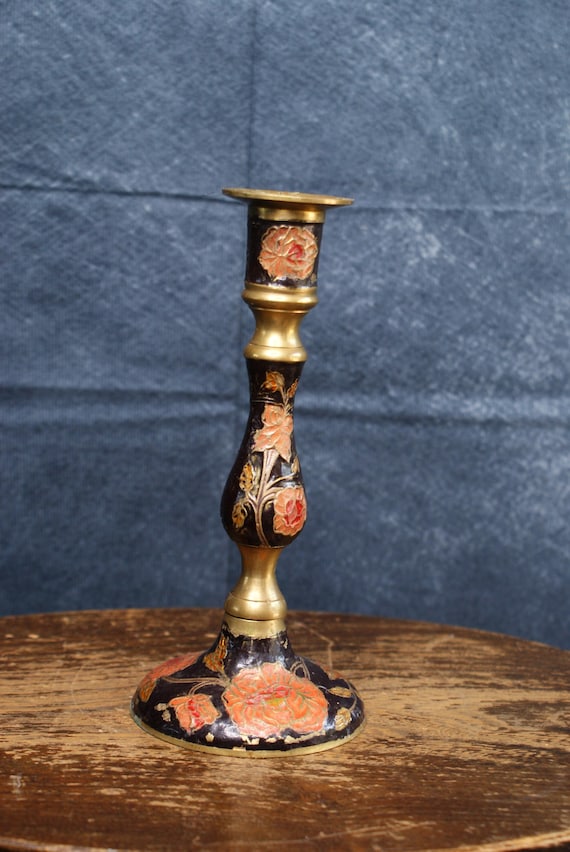 Brass Enamelled Floral Candlestick