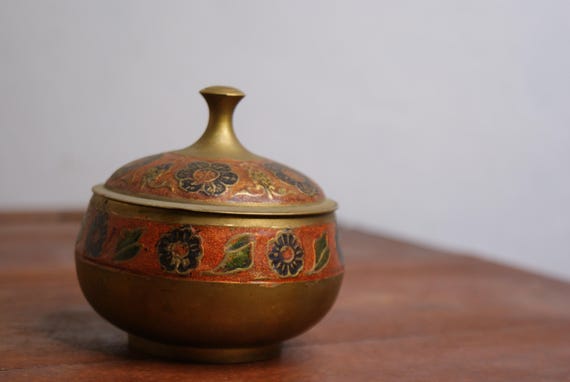 Mid Century Indian Brass and Enamel Floral Bowl