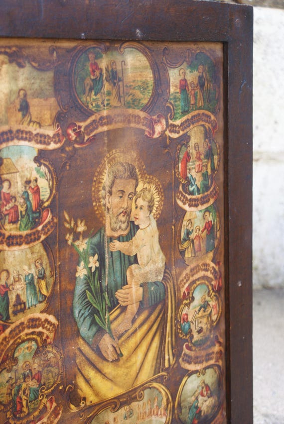 Eastern European 19th Century Religious Print Depicting Saint Joseph With Baby Jesus