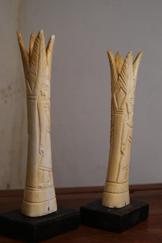 A Pair of Early 20th Century Javanese Carved Bovine Bone Vases