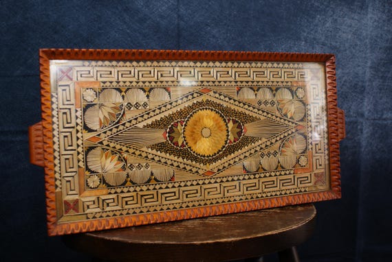 Greek Folk Art Marquetry Straw Mosaic Tray