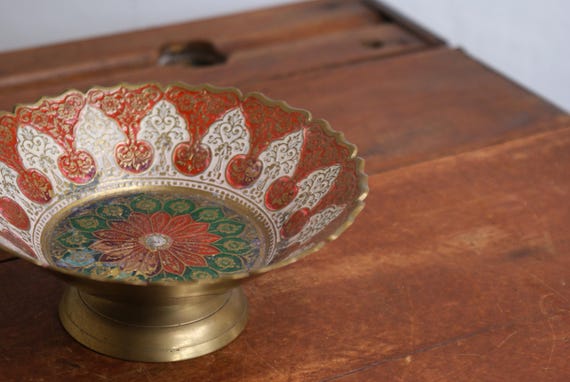Vintage Decorative Indian Brass and Enamel Bowl