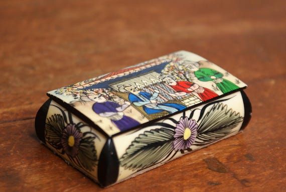 Vintage Bovine Bone Hand Painted Box