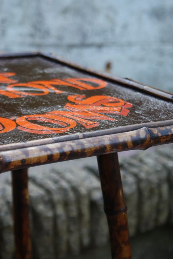19th Century Tiger Bamboo Occasional Table With Painted Advertising