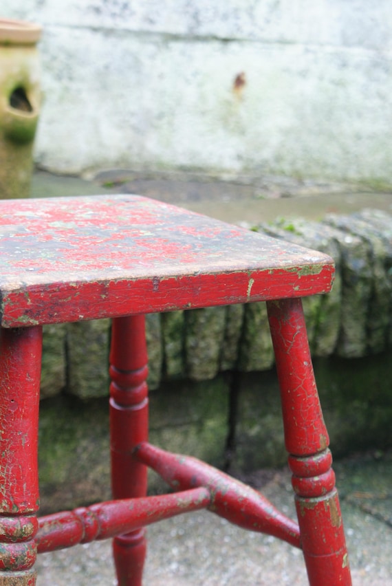 Painted Red Fireside Stool, Early 20th Century