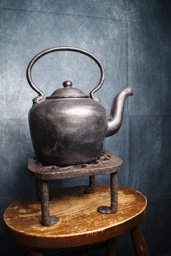 Antique Cast Iron Kettle and Trivet Stand