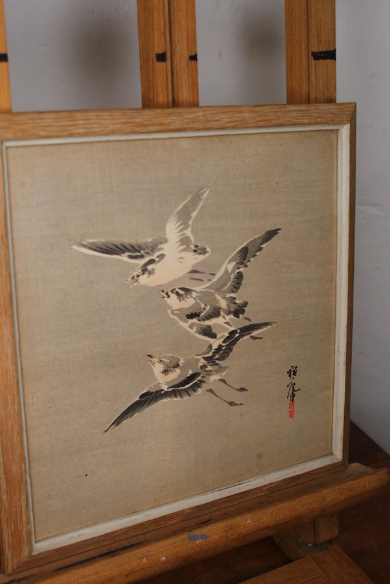 Three Birds, Early 20th Century Japanese Woodblock Print By Hirafuku Suian
