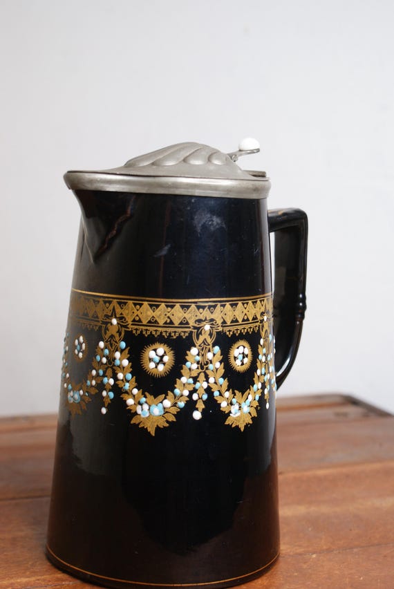 Woods Brown Luster Redware Enamelled and Pewter Top Syrup Pitcher