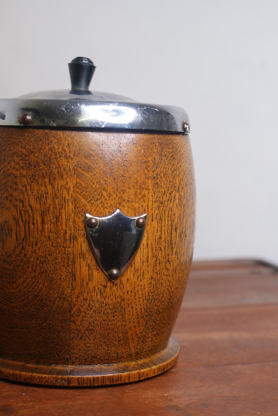 English Mid Century Oak and Porcelain Lined Biscuit Barrel