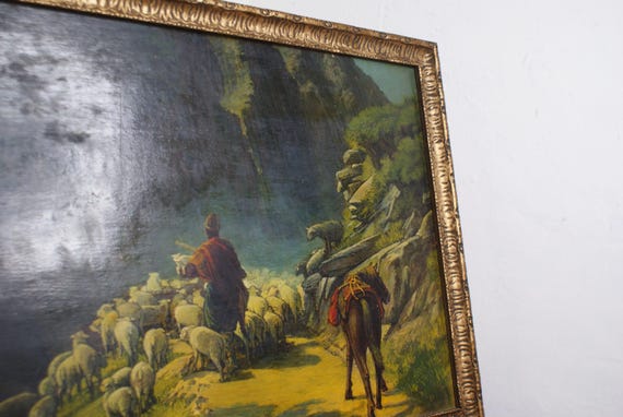 Mid Century Oil Painting Depicting a Shepherd Guiding His Sheep Signed and Dated 1947