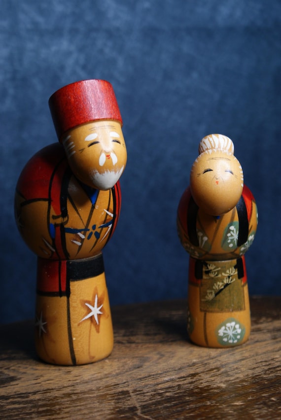 Vintage Japanese Handmade Kokeshi Dolls Folk Art Couple