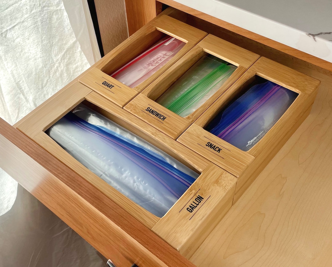Sandwich Bag Storage Organizer Premium Bamboo Wooden Box Baggie