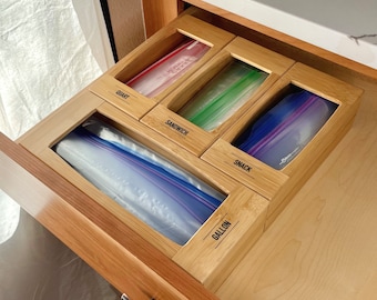 Sandwich Bag Storage Organizer - Premium Bamboo Wooden Box Baggie Organizer (Set of 4), Fits Snack, Quart (incl. Slider) & Gallon Sizes