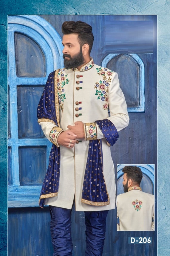 XXL M Men/'s Embroidered Indian Pakistani Jacquard Kurta Pyjama and Scarf Suit