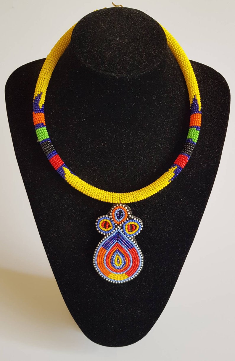 African maasai necklace Beaded pendant necklace Yellow bead necklace.