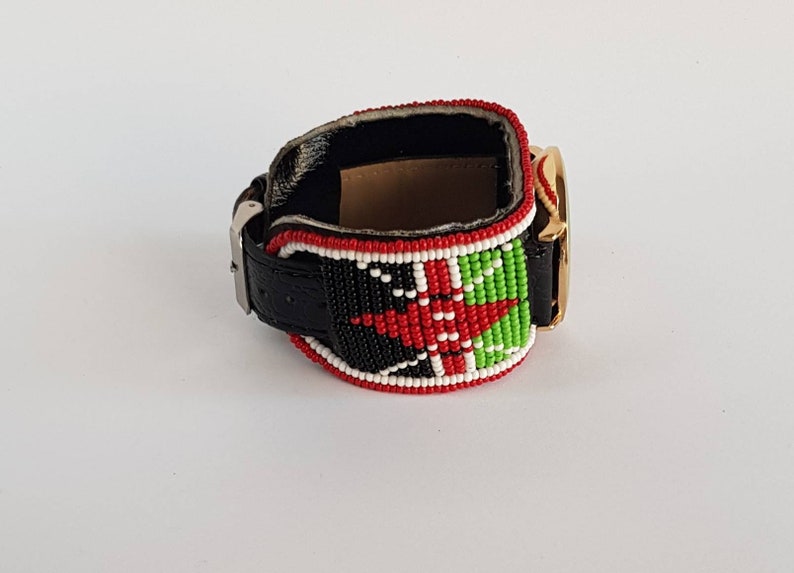 Leather Beaded Watch Band / Kenyan Flag Bracelet / African Etsy