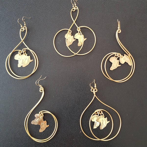 Set of 5 African map earrings, Brass earrings, African earrings,  African earrings.