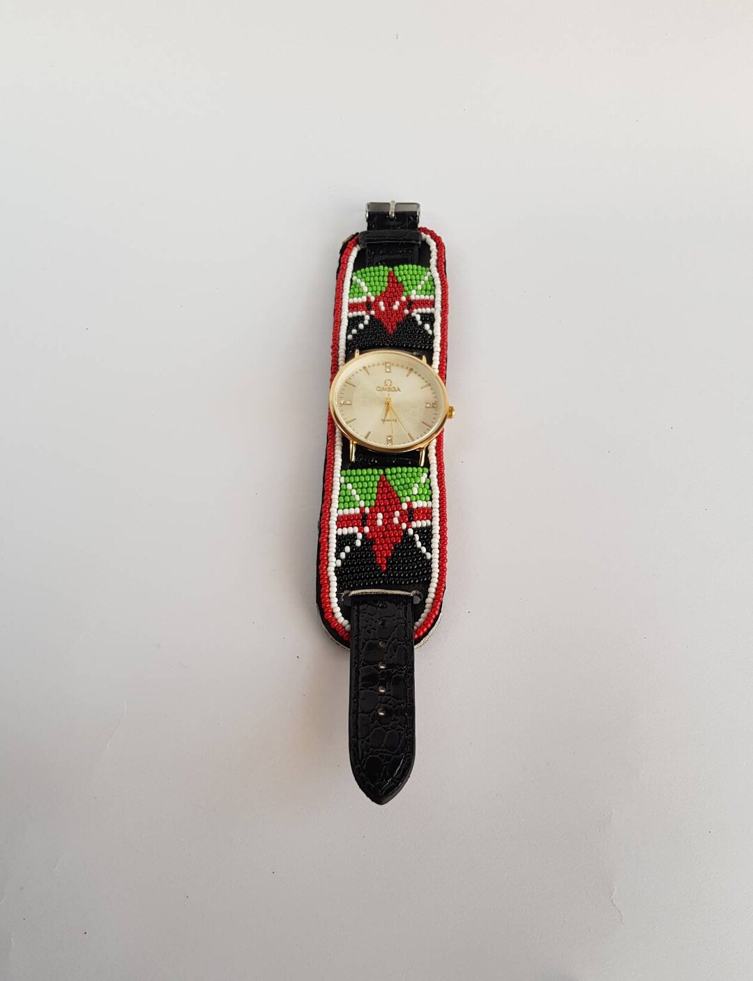 Leather Beaded Watch Band / Kenyan Flag Bracelet / African Watch Band / Watch Accessories