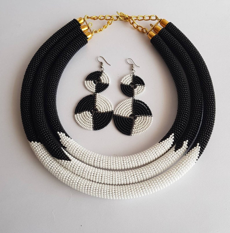 Black and white beaded necklace multi strand jewelry African masai necklace gift for women