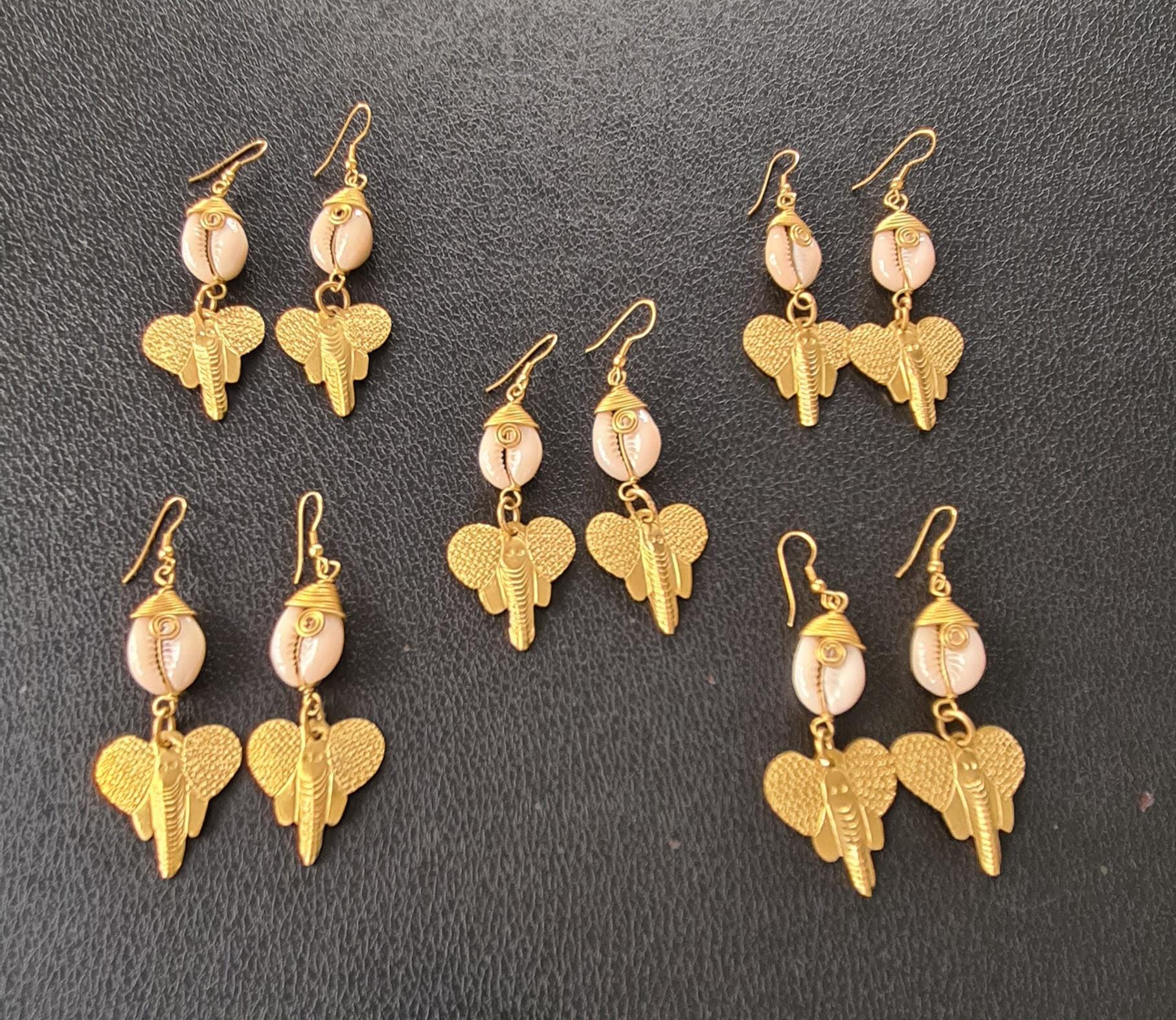 Set of 5 African Handmade Earrings | Brass, Cowrie Shell Tribal Jewelry | Boho Ethnic Earrings | Afrocentric Statement Jewelry