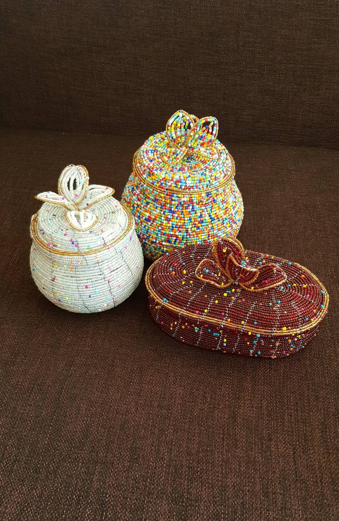 Set of 3 Beaded Jewelry Box, Small Beaded Pots, African Beaded Pots