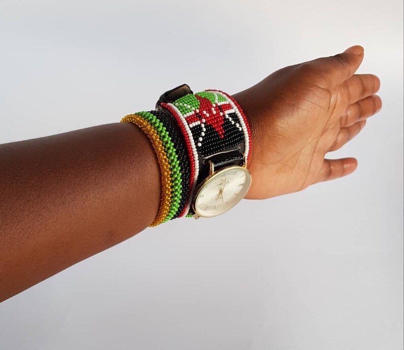 Leather Beaded Watch Band / Kenyan Flag Bracelet / African Etsy