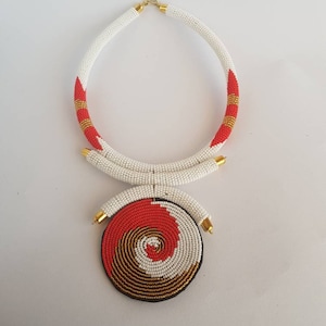 African beaded jewelry for women, leather pendant  necklace,  White statement necklace , African beaded necklace