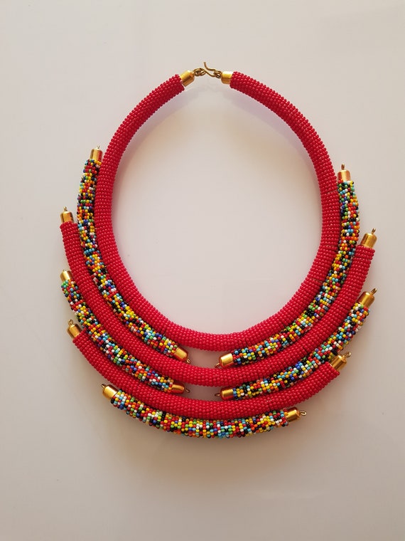 Red African necklace, Zulu beads necklace, Layered jewelry necklace, small beads necklace, necklace from Africa