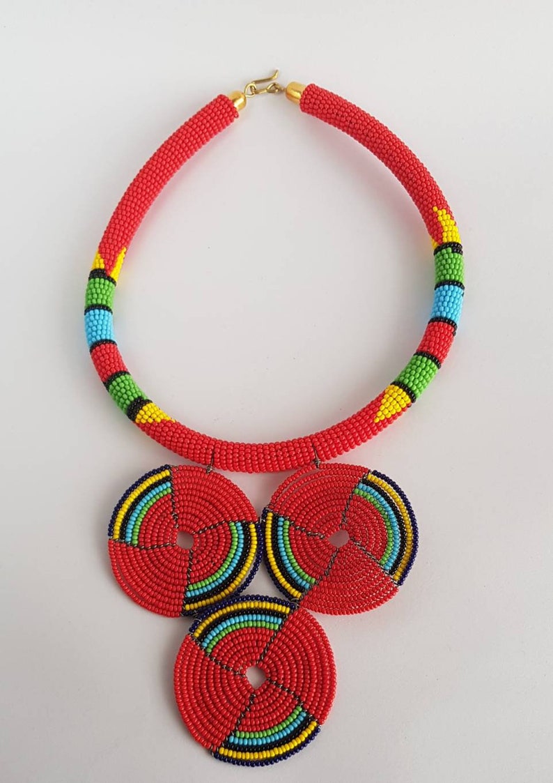 Red Beaded Pendant Necklace Multicolor Necklace Zulu Beaded Etsy