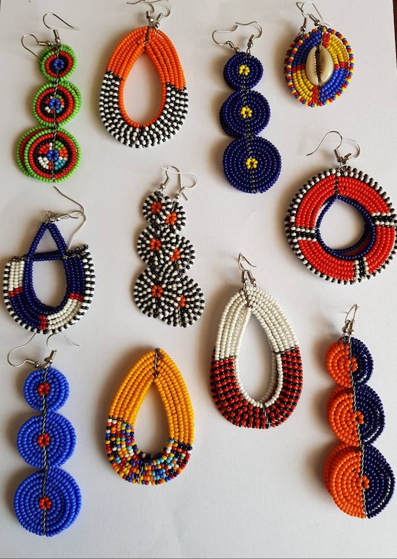 Maasai Market Brown African Handmade Glass Givre Beads Brass Earrings 