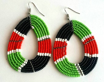 Kenyan flag earrings, African jewelry, bead earrings, handmade earrings