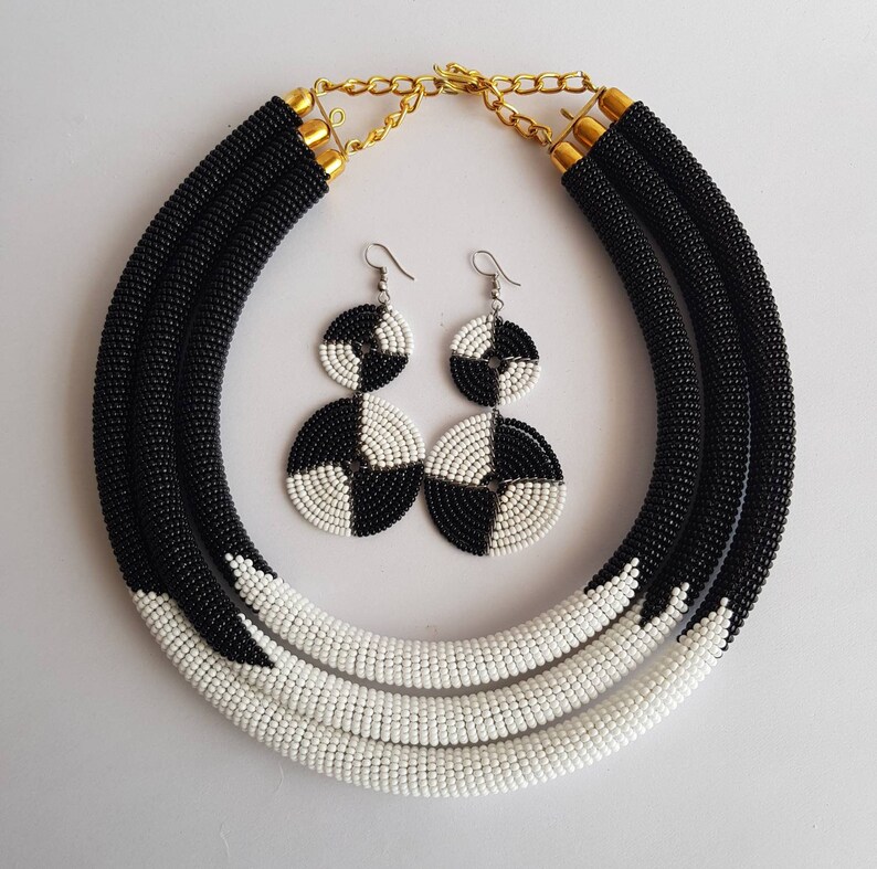 Black and white beaded necklace multi strand jewelry African masai necklace gift for women