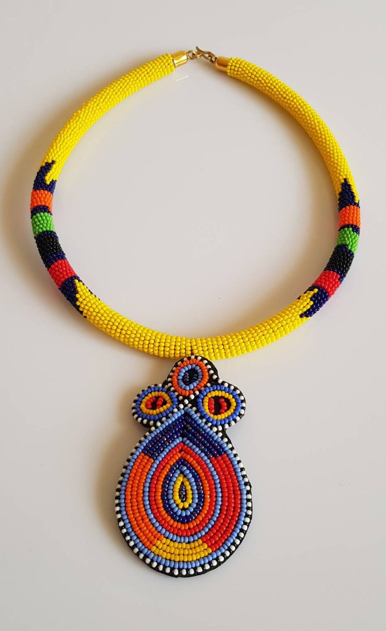 African maasai necklace Beaded pendant necklace Yellow bead necklace.