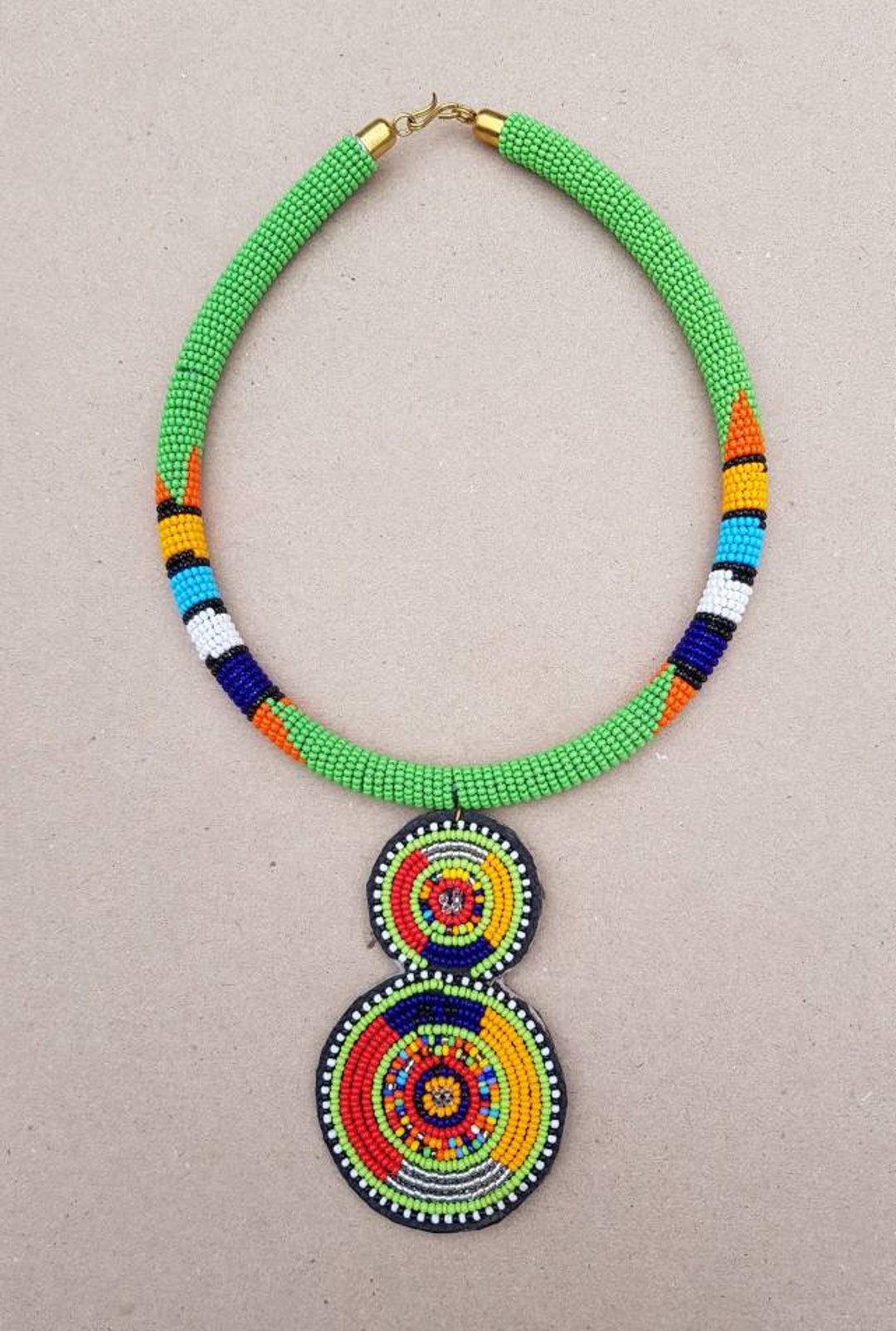 African pendant necklace, green beaded necklace, handmade necklace