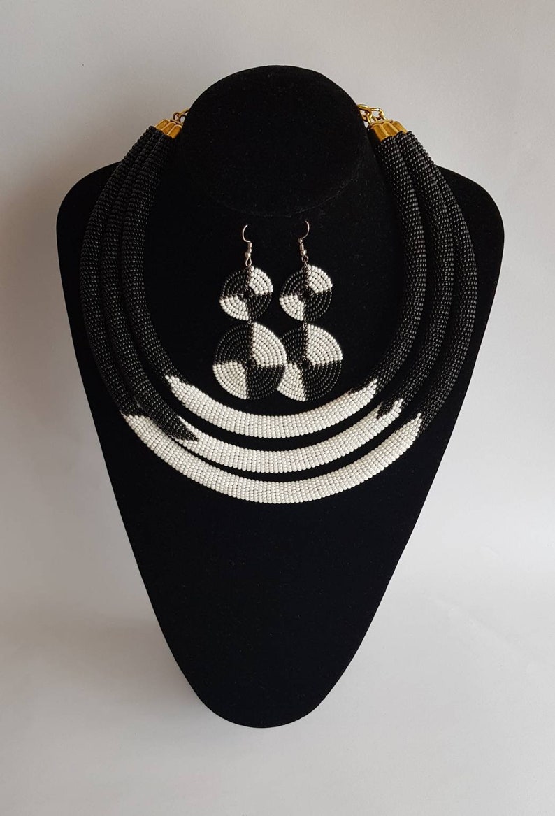Black and white beaded necklace multi strand jewelry African masai necklace gift for women