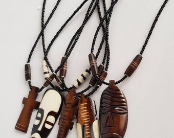 Bone, Wood, African Glass Necklace | Aponi Blue