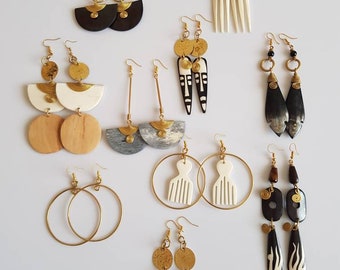 Assorted earrings , African earrings , Brass earrings , African bone earrings, horn earrings, 10 pairs, Christmas gift earrings