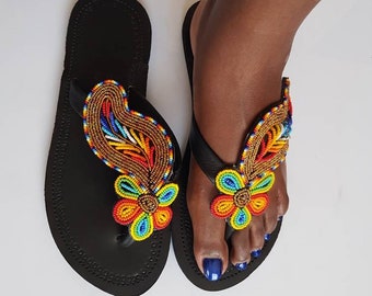 African Beaded Colorful Leather Sandals - Etsy