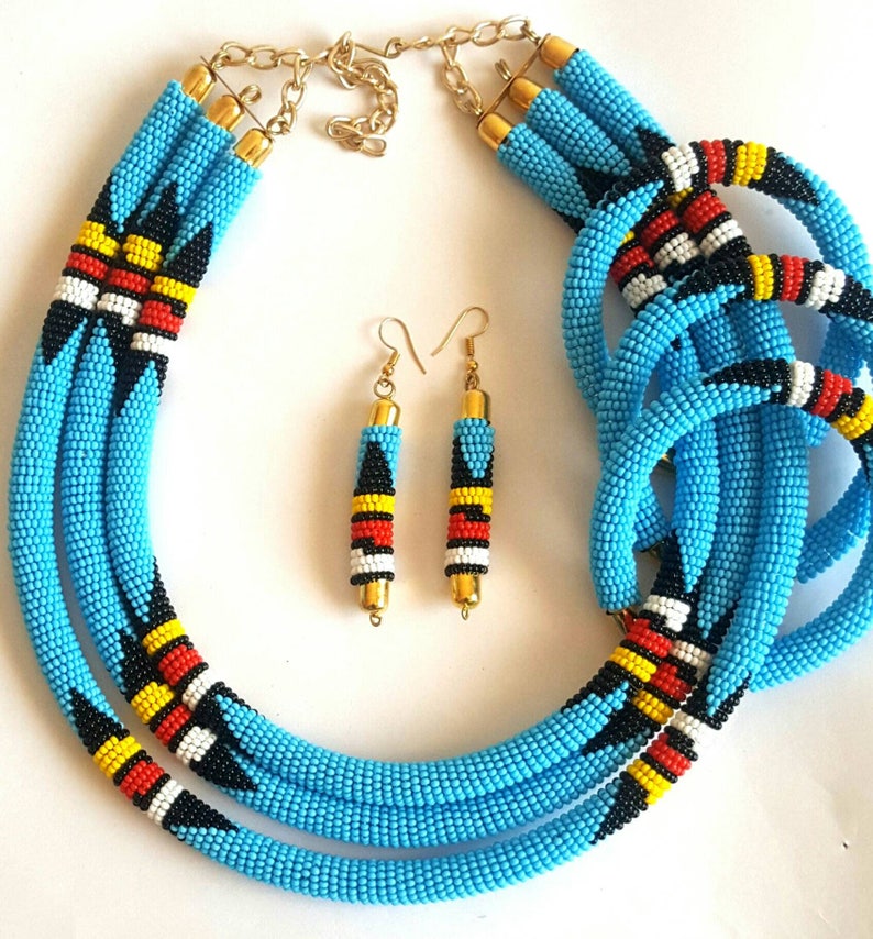 Zulu beads necklace African beaded necklace blue bead Etsy