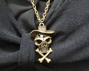 Bronze  Pirate Skull Necklace, Skull and Crossbones Necklace, Bronze Skull with Pirate Hat , 3 D Skull Crossbones Jewelry Pirate jewelry