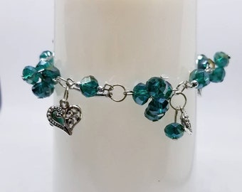 Teal Aurora Borealis Glass Rondelle Charm Bracelet with Filigree Hearts