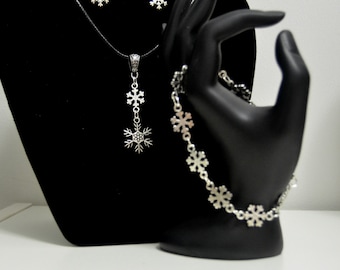 Snowflake Jewelry Set: Dangle Earrings, Necklace, Bracelet, Silver Charms