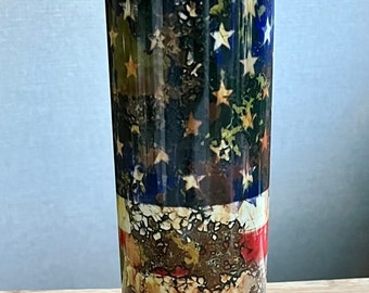 Custom Designed 20 ounce Rusted Flag, Worn Flag Skinny Double walled Tumbler with Straw and Lid, Special Introductory Price/ Ready To Ship
